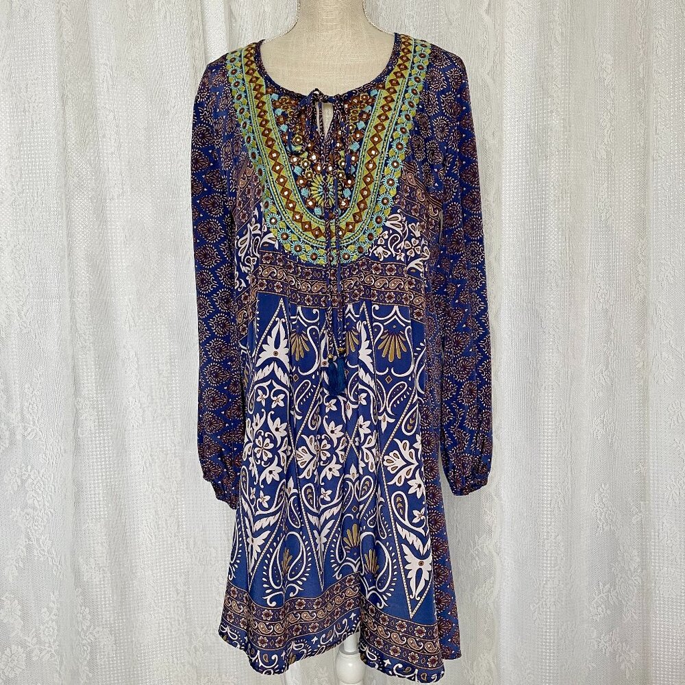 Raga Women’s Mini Dress Small Paisley Boho Long Sleeve Kaftan Embroidered India